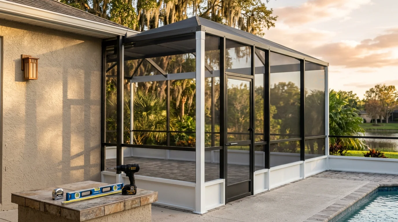 Professional contractor installing a custom screen enclosure on a Lakeland home patio