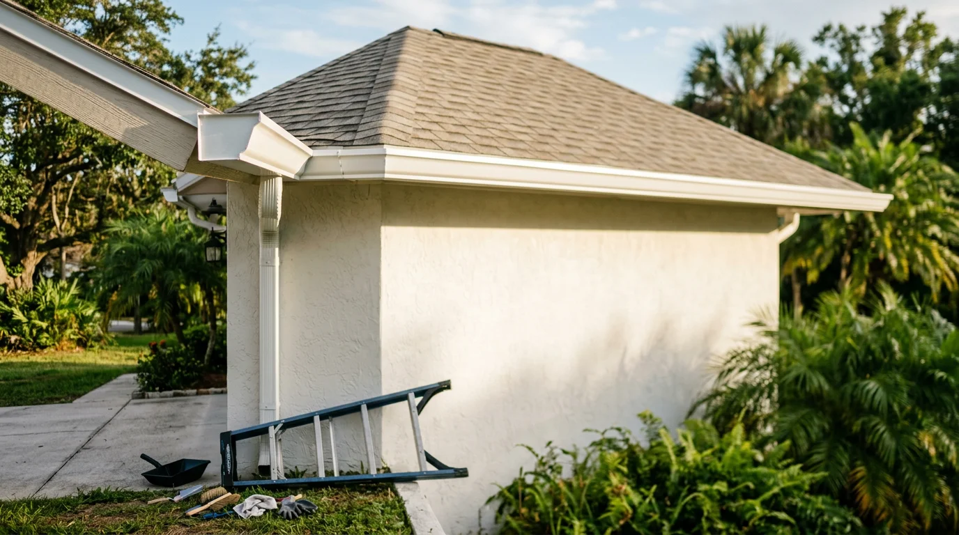 New gutters installed along roofline of residential home