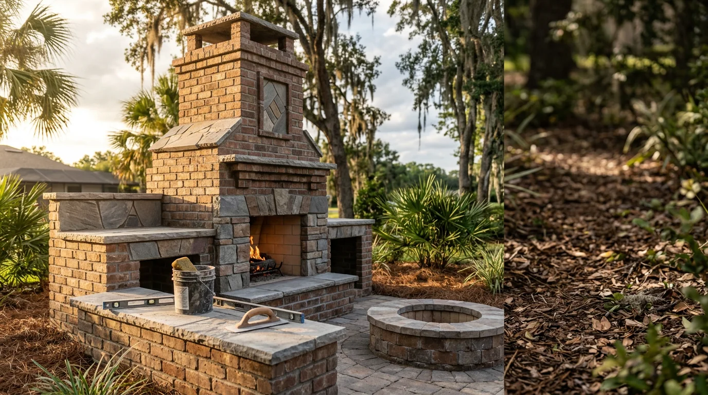 Custom fire pit with seating area in backyard patio