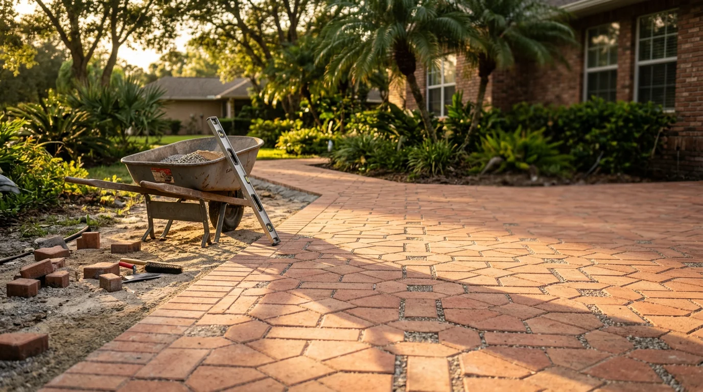 Custom patio with pavers and seating area in backyard