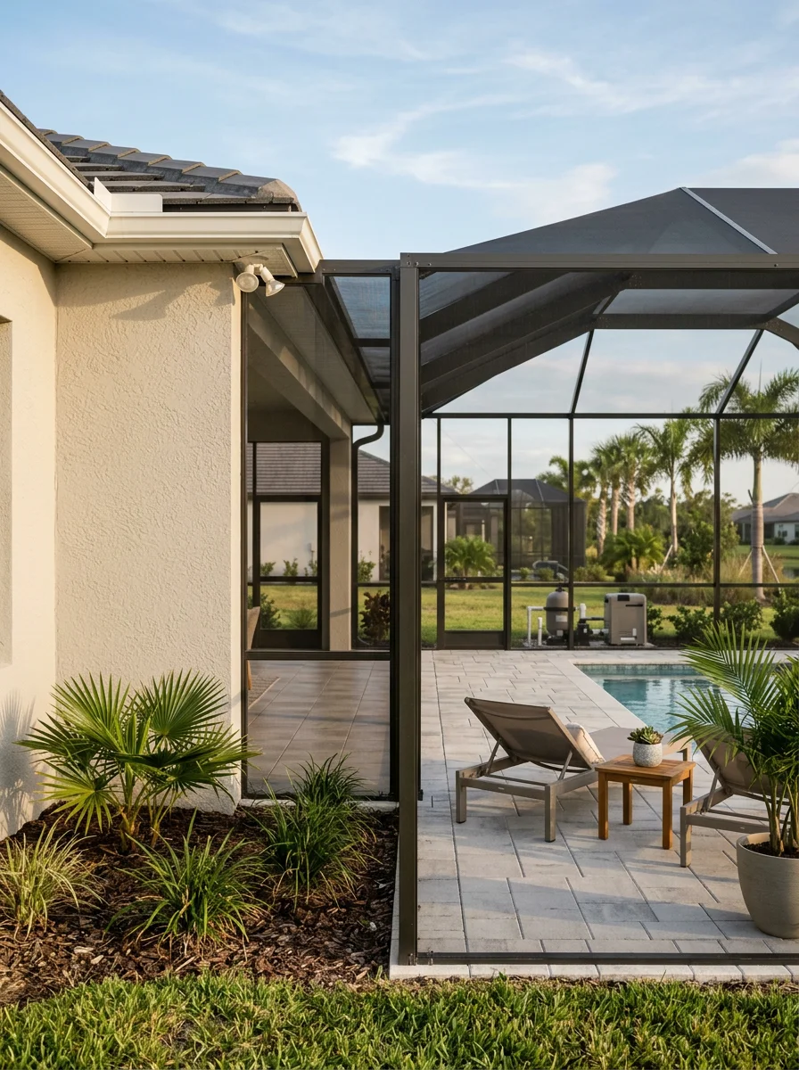 A screened lanai on a newer Apollo Beach home in Waterset subdivision, with a covered outdoor living area and a paver patio adjacent to the pool enclosure.
