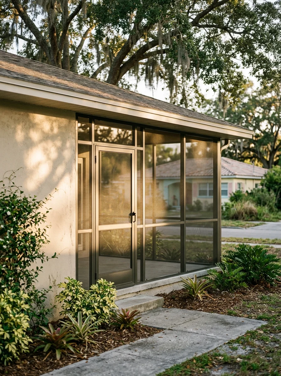 An older West Bradenton home with a newly installed screen room addition over an original concrete patio, with aluminum framing and a screened entry door.