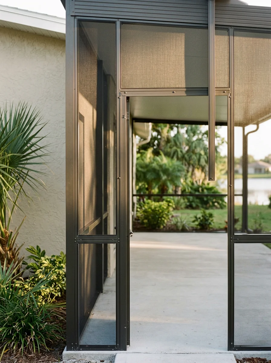 Close-up of a lanai screen room addition on a mid-century Lakeland home with a concrete slab patio and a view of a backyard lake.
