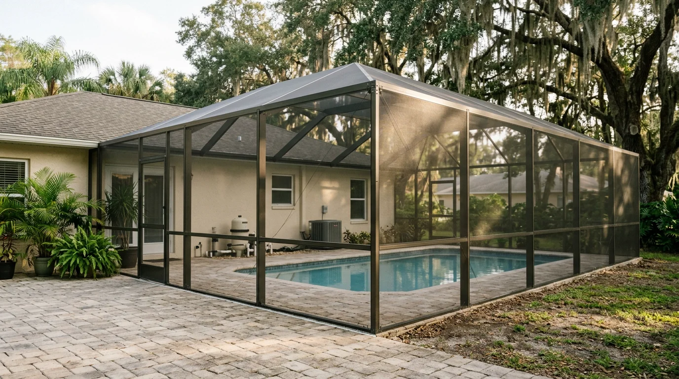A screened pool enclosure with aluminum framing on a Lakeland, FL single-family home, surrounded by mature oak trees and a paver pool deck.