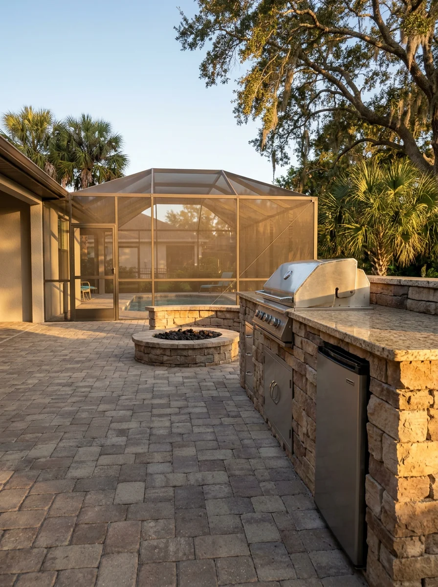 An outdoor kitchen and fire pit area on a covered paver patio adjacent to a screened pool enclosure on a Parrish, FL home in a master-planned community.