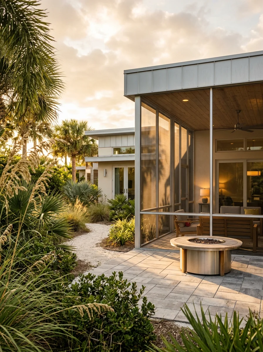 A covered lanai with a fire pit table and paver flooring on a Sarasota home, with Gulf Coast landscaping visible through the screen panels.