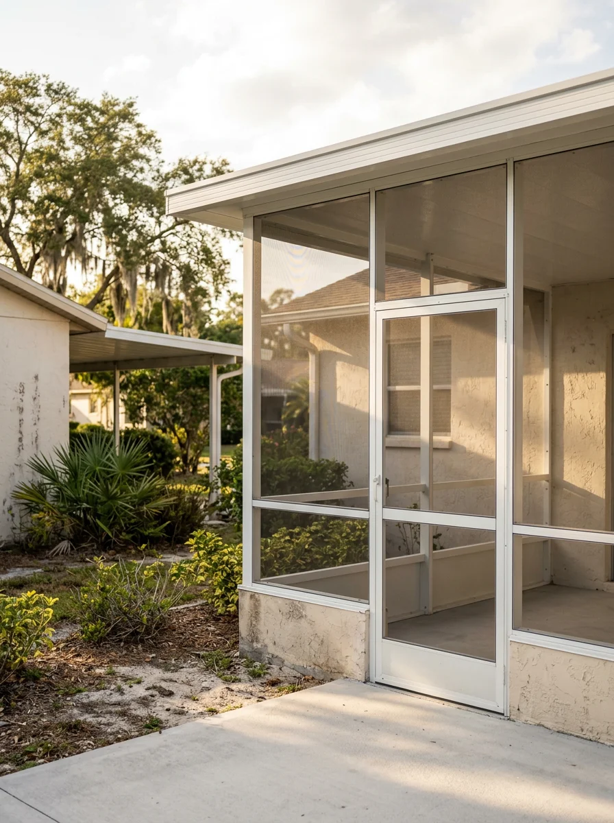 A screen room addition on a Sun City Center villa with aluminum framing attached to an existing carport structure, with a concrete patio floor and screened entry door.