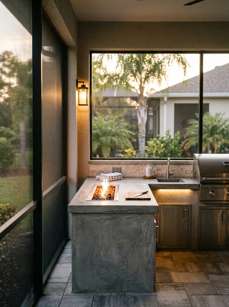 An outdoor kitchen with concrete countertops and a fire pit area on a Wesley Chapel home's covered lanai, surrounded by aluminum screen framing.