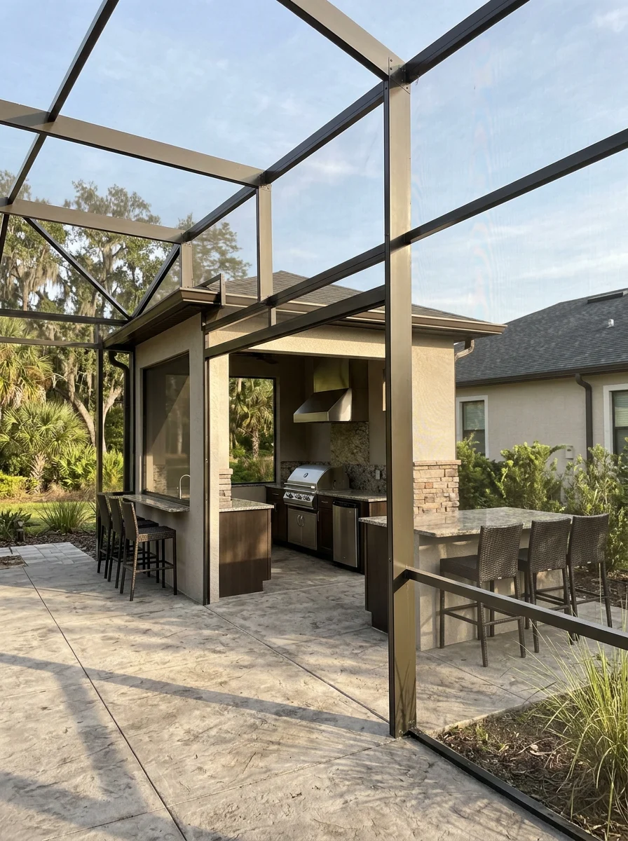 A covered lanai screen room addition on a newer Winter Haven home in a gated community, with an outdoor kitchen and concrete patio.