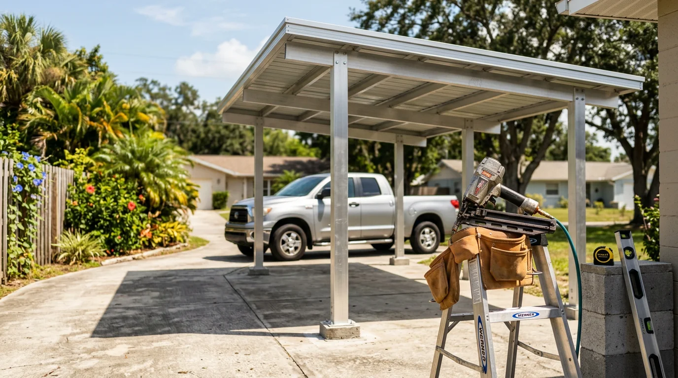 A custom aluminum carport installed at a residential property in Lakeland, Florida, providing covered vehicle protection alongside a home's driveway. The structure features a clean roofline designed to handle Florida sun and rain.