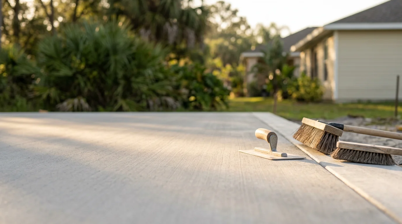 A freshly finished concrete patio slab with a smooth brushed texture outside a residential home in Lakeland, Florida. The surface shows clean edges and an even finish suited for outdoor living in a Central Florida backyard.