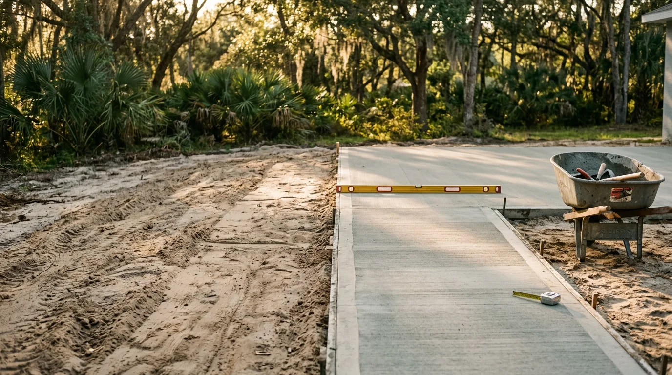 A freshly poured concrete slab in a Lakeland, Florida backyard, serving as the base for an outdoor living area. The smooth, level surface is surrounded by a residential yard typical of Central Florida homes.
