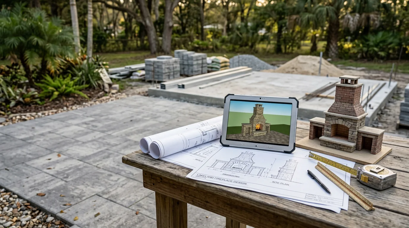 Custom outdoor fire feature design plan for a Lakeland Florida backyard patio, showing a centered fire focal point integrated with surrounding hardscape seating. The layout reflects Florida climate considerations with open sightlines and defined gathering space.