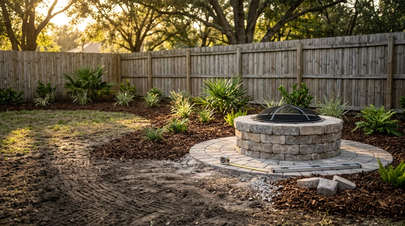 A custom fire pit installed in a residential backyard in Lakeland, Florida, surrounded by a finished patio with seating. The fire pit is built flush with the hardscape surface and shows clean stonework suited to a Florida outdoor living space.