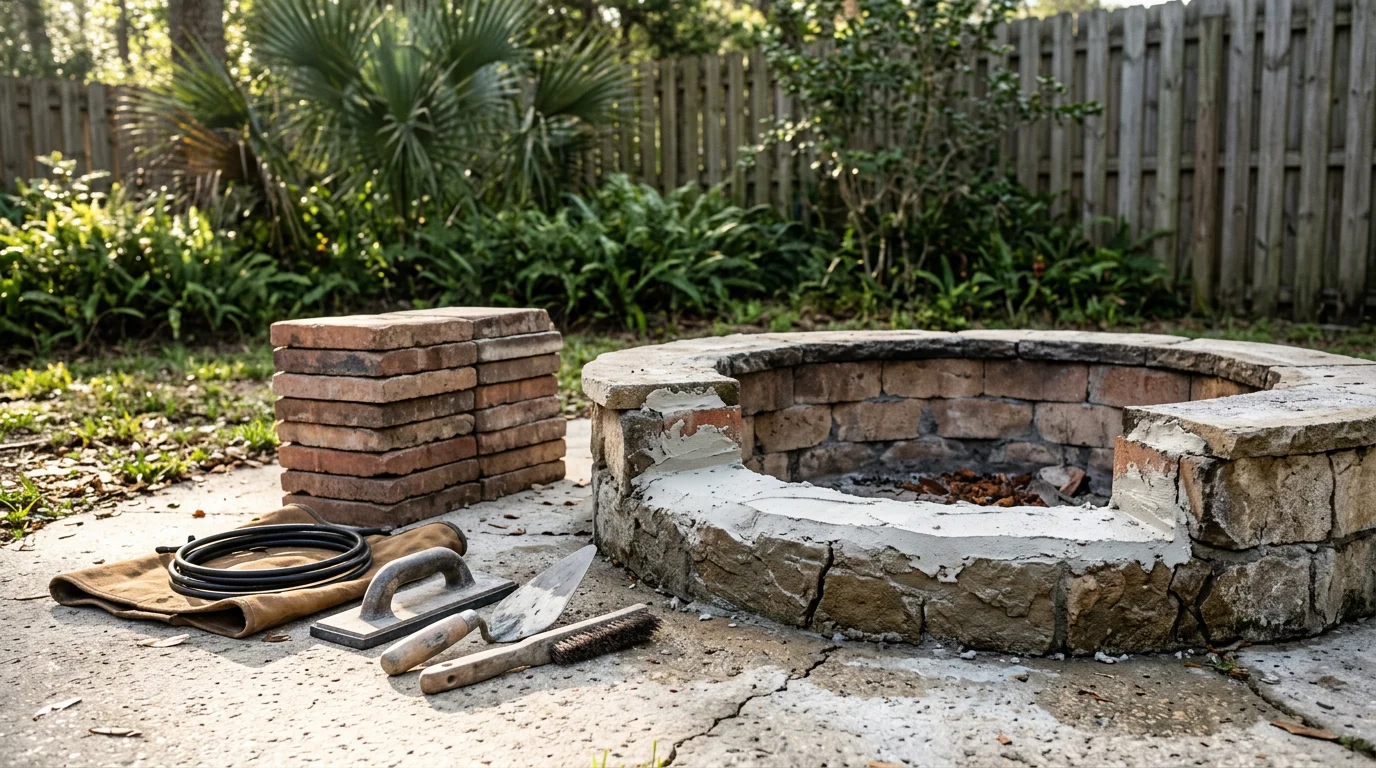 A restored outdoor fire pit on a residential patio in Lakeland, Florida, showing clean masonry and an even flame after professional repair. The surrounding patio area reflects a well-maintained outdoor living space typical of Central Florida homes.