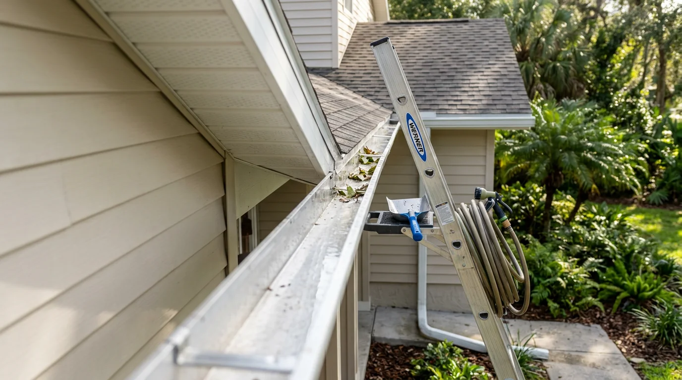 A Patriot Patio Solutions LLC crew member removing wet leaves, pine needles, and debris from a residential aluminum gutter on a Lakeland, Florida home. The cleaned gutter channel shows clear, open flow toward the downspout.