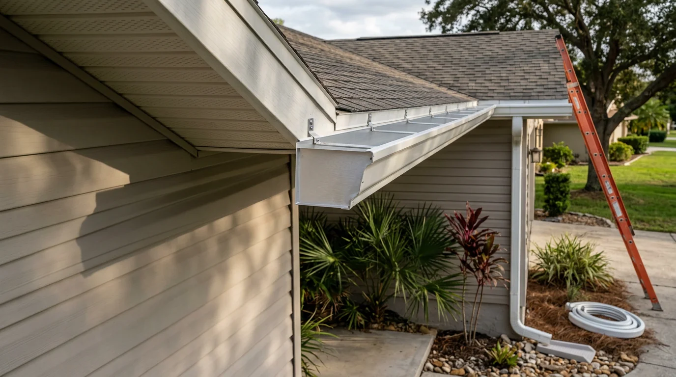 Newly installed aluminum gutters along the roofline of a single-family home in Lakeland, Florida, with downspouts positioned to direct rainwater away from the foundation and landscaping.