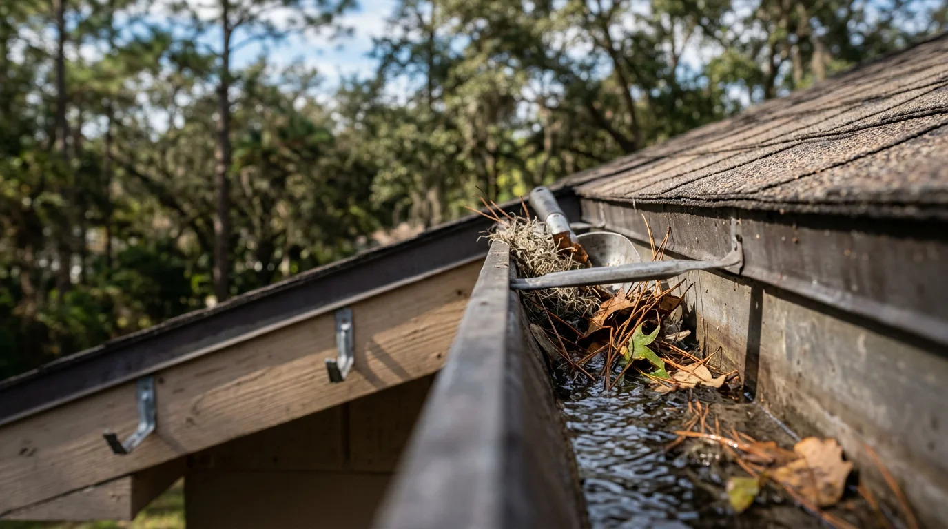 A cleaned and inspected aluminum gutter system on a residential home in Lakeland, Florida, with clear downspouts and no debris visible along the roofline. A technician checks bracket alignment on a single-story home surrounded by mature oak trees.