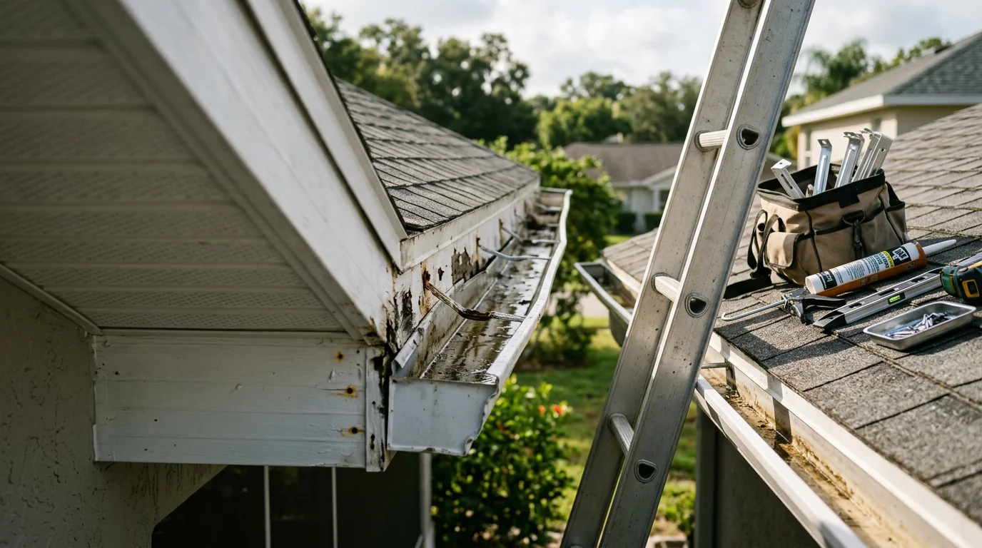 A repaired aluminum gutter section on a Lakeland Florida home with water flowing cleanly toward the downspout after a storm. Close-up view shows resealed joints and properly aligned hangers along the roofline.