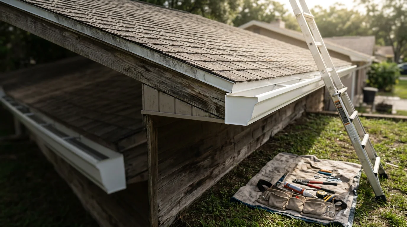 Freshly replaced aluminum gutters installed along the roofline of a single-family home in Lakeland, Florida. The new system runs cleanly from the eave to a downspout that directs water away from the home's foundation.