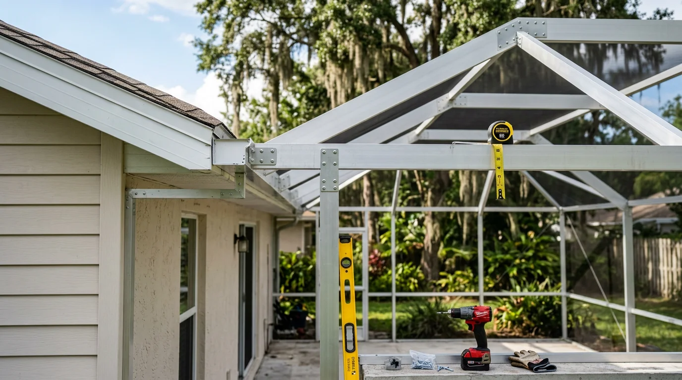 A finished aluminum lanai enclosure attached to the back of a Lakeland, Florida home, with screened panels, a solid roof, and patio furniture visible inside. The structure overlooks a residential backyard on a sunny Florida afternoon.