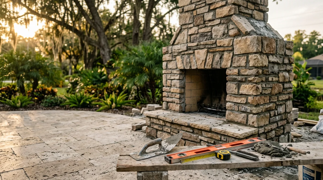 A completed outdoor fireplace installation in a Lakeland, Florida backyard patio setting, showing a built-in masonry-style fireplace with a lit fire surrounded by outdoor seating. The structure reflects construction suited to Florida's outdoor living climate.