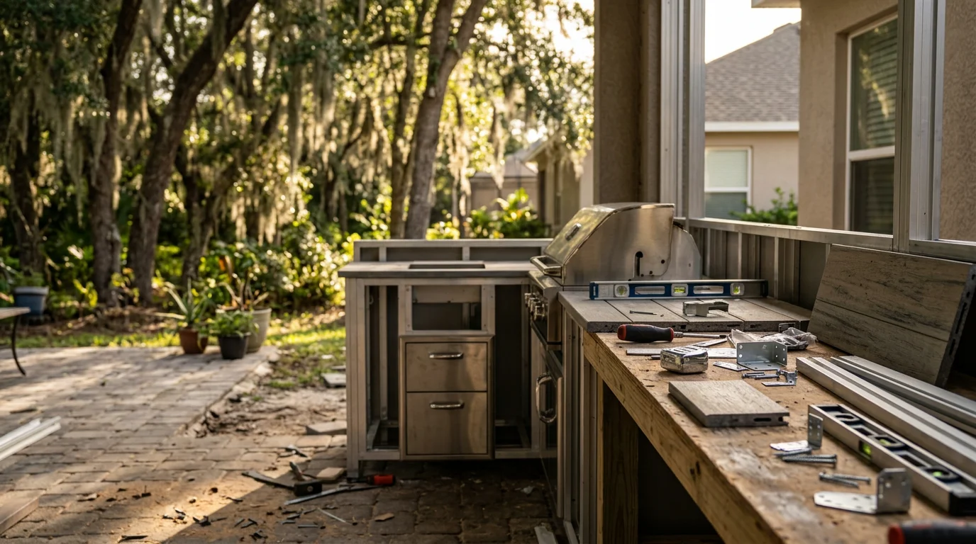 A completed custom outdoor kitchen installed on a residential patio in Lakeland, Florida, featuring a built-in grill station, weather-resistant cabinetry, and durable countertops suited for the Florida climate.