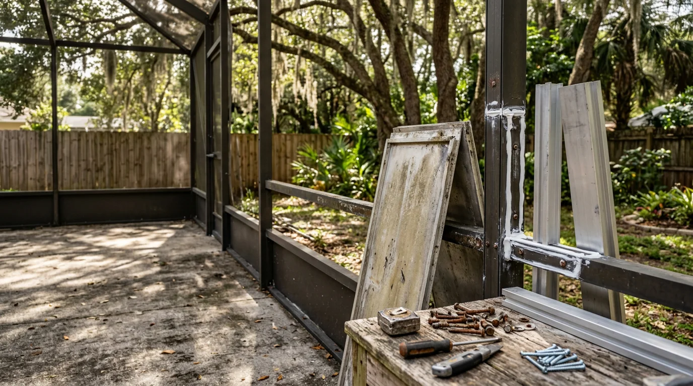 A repaired aluminum patio cover on a residential home in Lakeland, Florida, showing restored panels and clean frame connections. The outdoor living space is ready for use with no visible damage to the structure or seals.
