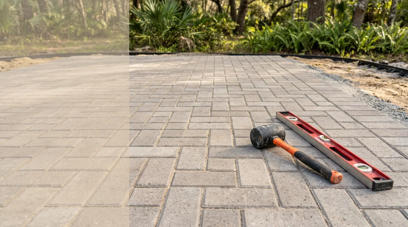 Freshly installed paver patio in a Lakeland, Florida backyard with a clean herringbone pattern and defined border edges. The outdoor space shows a level surface ready for outdoor furniture, surrounded by Florida landscaping.