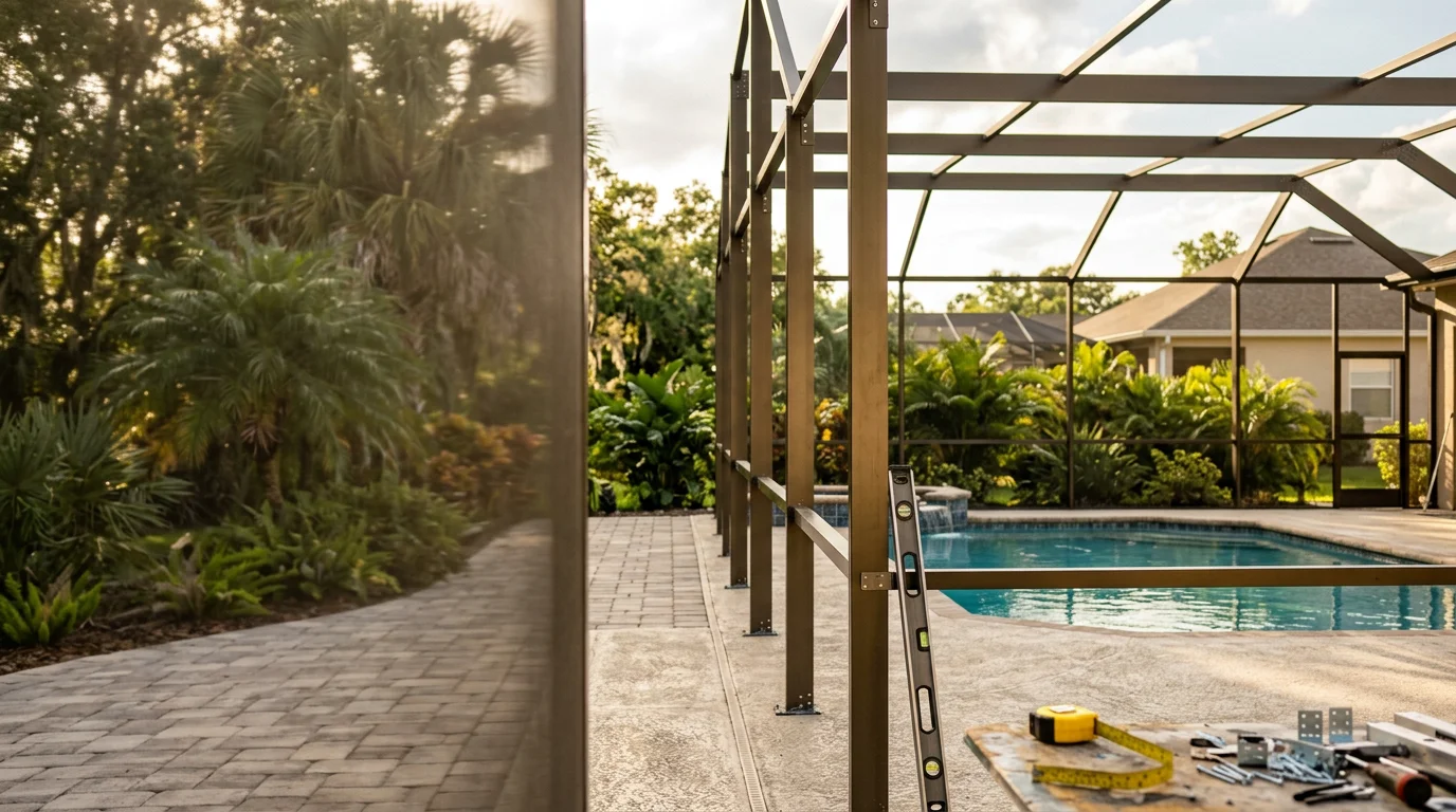 Aluminum pool screen enclosure installed over a residential backyard pool in Lakeland, Florida. The structure features a white aluminum frame and fine mesh screening that surrounds the pool deck and allows natural light and airflow.