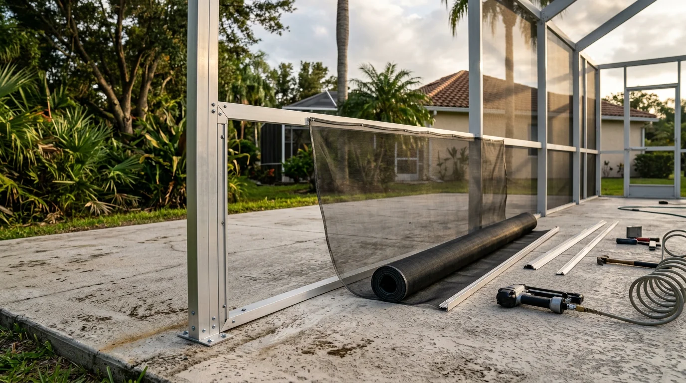 A custom aluminum screen enclosure surrounding a backyard patio and pool area at a Lakeland, Florida home. The structure features tight mesh screening and a clean frame that keeps insects and debris out while allowing open-air views of the yard.