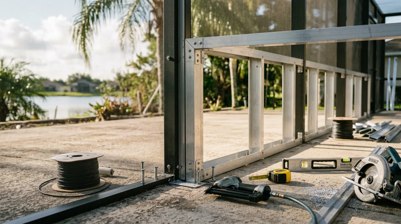 A finished aluminum-framed screen room attached to the back of a single-family home in Lakeland, Florida, with screened walls and a solid roof panel. The enclosed patio space includes outdoor seating and overlooks a residential backyard.